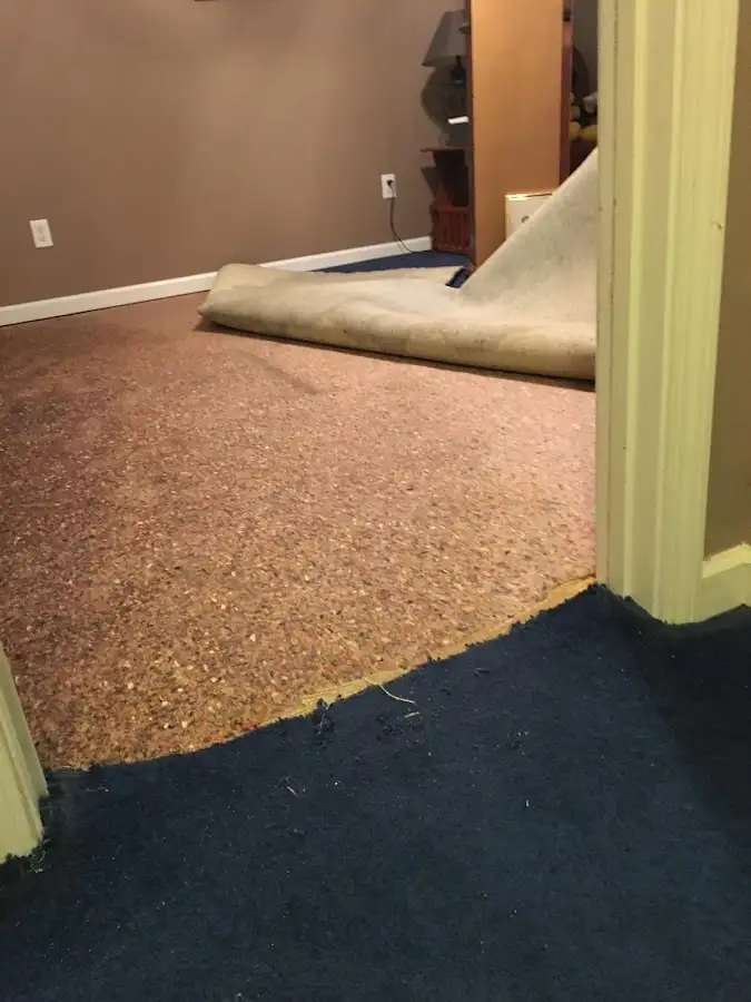 Carpet pad removal revealing water damage during Drying & Dehumidification in Buckley
